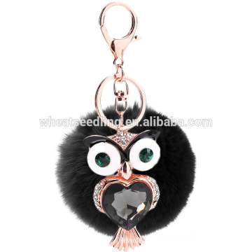 2015 Fashion owl rhinestone Keychain/fur ball keychain/rabbit fur pompoms